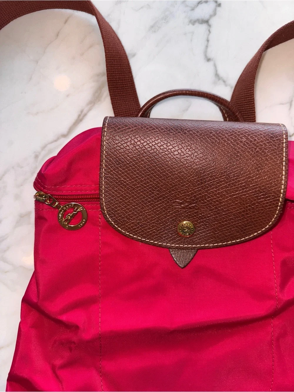 Longchamp pink nylon backpack with brown leather flap
